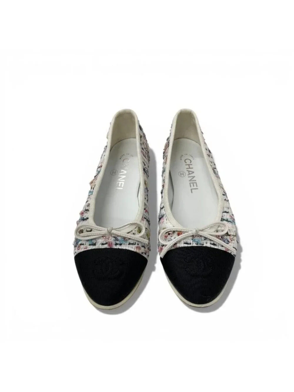Chanel Flat Shoes Tweed White Black Multicolor CC Logo Ribbon - Picture 2 of 10